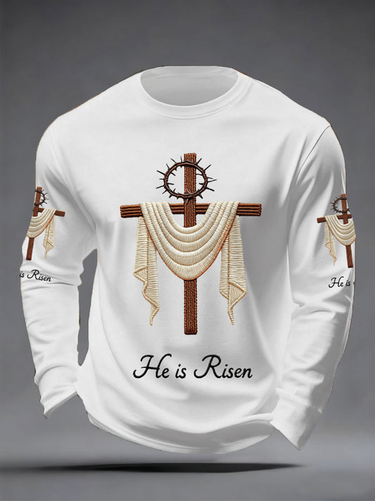 Men's He Is Risen Jesus Christian Cross Print Casual Long Sleeve T-Shirt