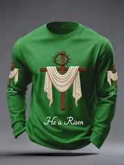 Men's He Is Risen Jesus Christian Cross Print Casual Long Sleeve T-Shirt