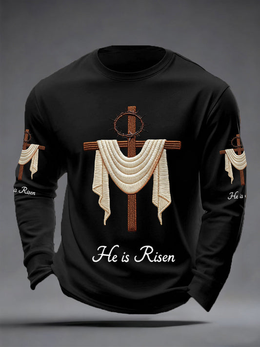 Men's He Is Risen Jesus Christian Cross Print Casual Long Sleeve T-Shirt