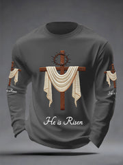 Men's He Is Risen Jesus Christian Cross Print Casual Long Sleeve T-Shirt