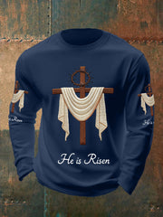 Men's He Is Risen Jesus Christian Cross Print Casual Long Sleeve T-Shirt