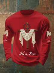 Men's He Is Risen Jesus Christian Cross Print Casual Long Sleeve T-Shirt