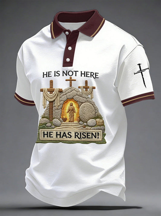 Men's He Is Not Here He Has Risen! Jesus Christian Cross Print Casual Polo