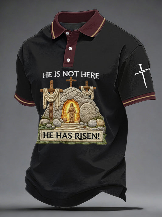 Men's He Is Not Here He Has Risen! Jesus Christian Cross Print Casual Polo