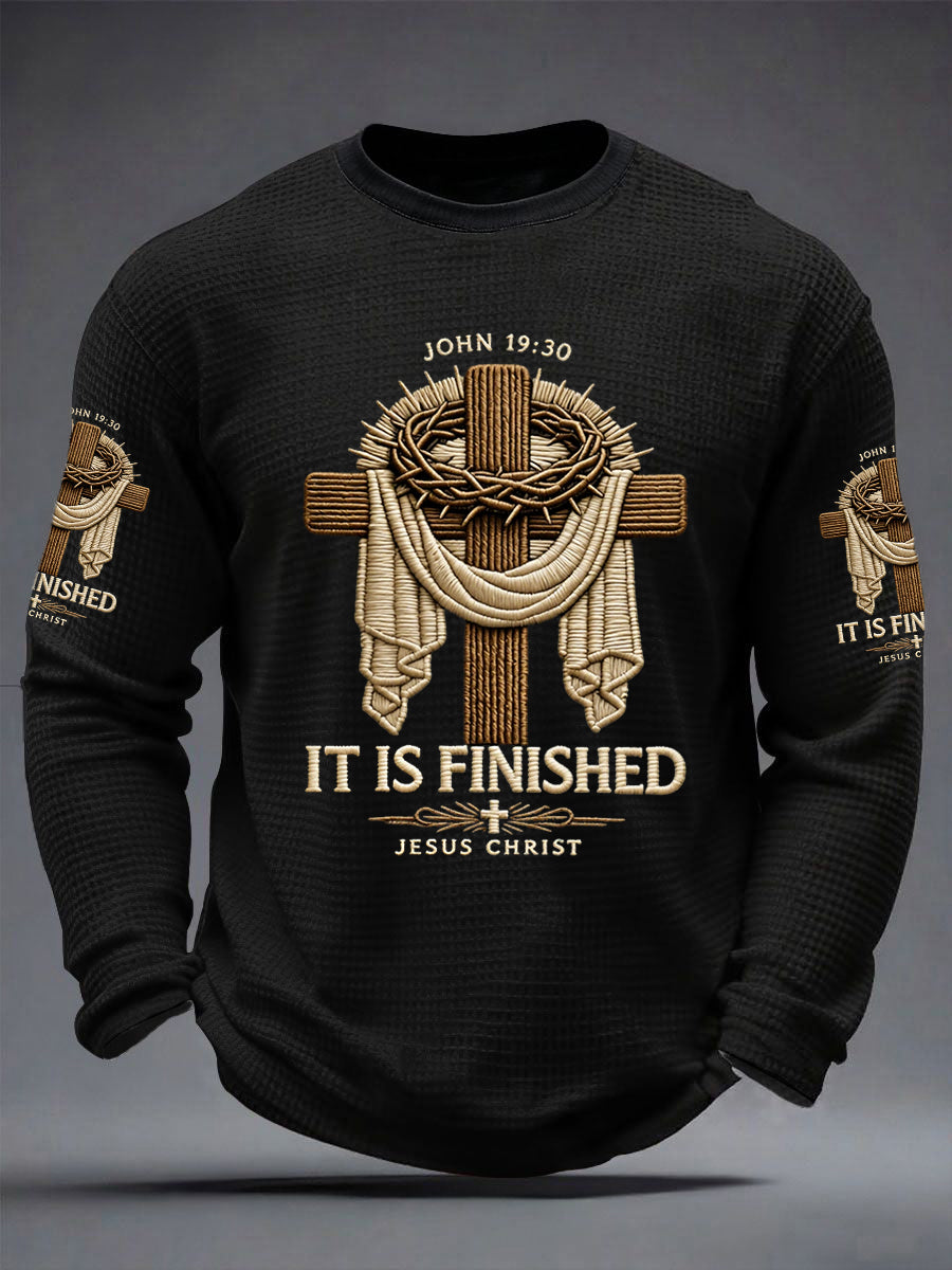 Men's He Is Risen It’s Finished Easter Jesus Christian Cross Print Casual Waffle Long Sleeve T-Shirt