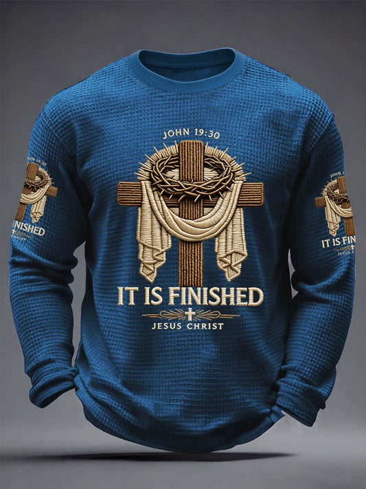 Men's He Is Risen It’s Finished Easter Jesus Christian Cross Print Casual Waffle Long Sleeve T-Shirt
