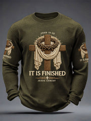 Men's He Is Risen It’s Finished Easter Jesus Christian Cross Print Casual Waffle Long Sleeve T-Shirt