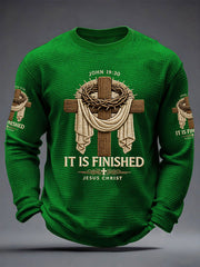 Men's He Is Risen It’s Finished Easter Jesus Christian Cross Print Casual Waffle Long Sleeve T-Shirt