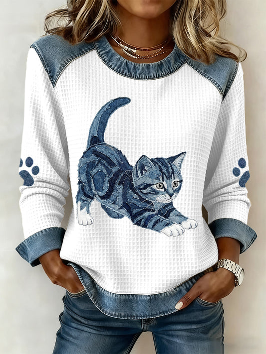 Women's Lovely Cat Pattern Denim Patchwork Art Sweatshirt