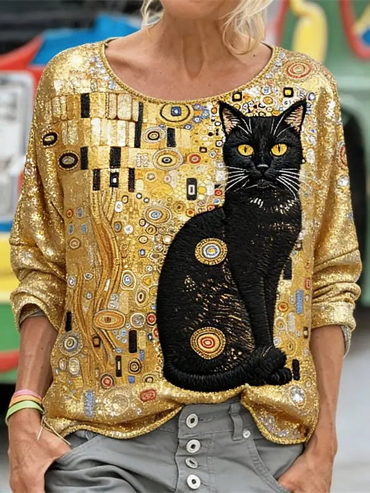 Women's  Glitter Black Cat Art Long Sleeve Loose-fitting Sweatshirt