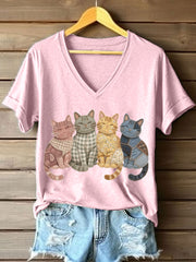 Women's Lovely Cats Patchwork Pattern V-Neck T-Shirt