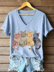 Women's Lovely Cats Patchwork Pattern V-Neck T-Shirt