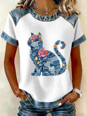Women's Cat and Floral Print Casual T-Shirt