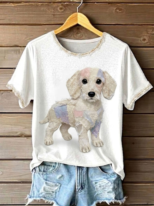 Women's Art Dog Lace Patchwork Printed T-shirt