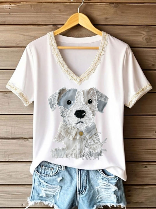 Women's Art Dog Lace Patchwork Printed V-neck T-shirt