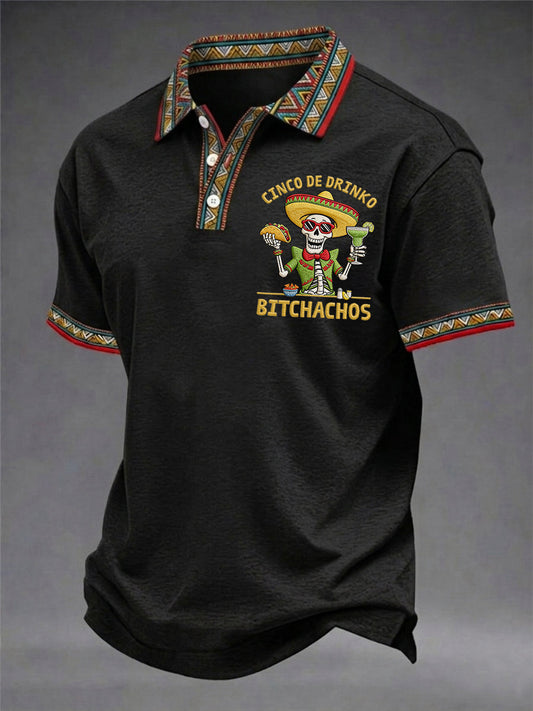 Men's Funny Cinco De Drinko Bitchachos Skeleton Print Casual Polo