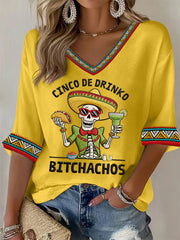 Women's Funny Cinco De Drinko Bitchachos Skeleton Print Casual Waffle Top