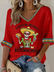 Women's Funny Cinco De Drinko Bitchachos Skeleton Print Casual Waffle Top