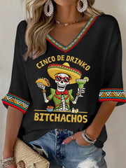 Women's Funny Cinco De Drinko Bitchachos Skeleton Print Casual Waffle Top