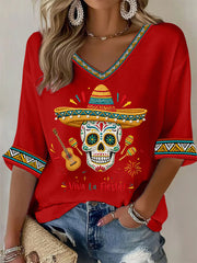 Women's Viva La Fiesta! Skeleton Print Casual Waffle Top
