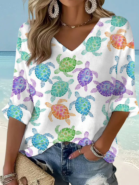 Women's Cute Sea Turtles Print Casual Waffle V-Neck op