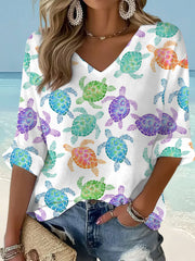 Women's Cute Sea Turtles Print Casual Waffle V-Neck op
