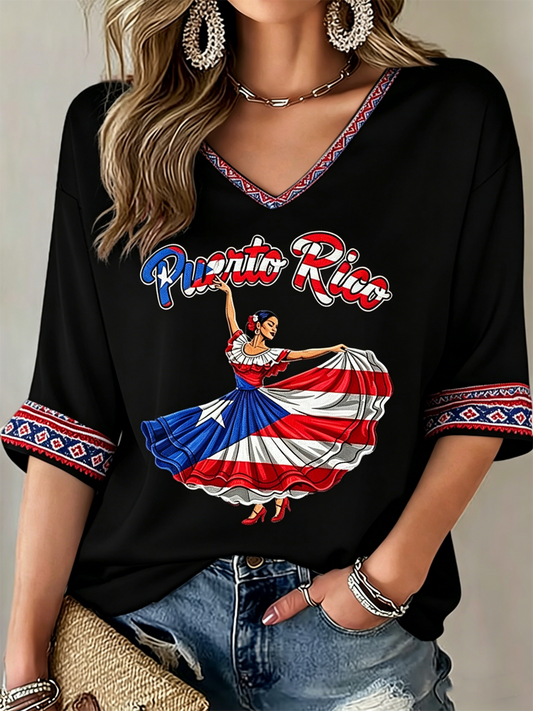 Women's Puerto Rico Printed Mid-length Sleeves V-Neck T-Shirt
