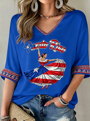 Women's Puerto Rico Printed Mid-length Sleeves V-Neck T-Shirt