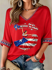 Women's Puerto Rico Printed Mid-length Sleeves V-Neck T-Shirt