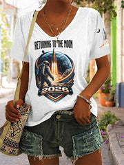 Women's Return To The Moon 2026 Casual V-Neck Tee