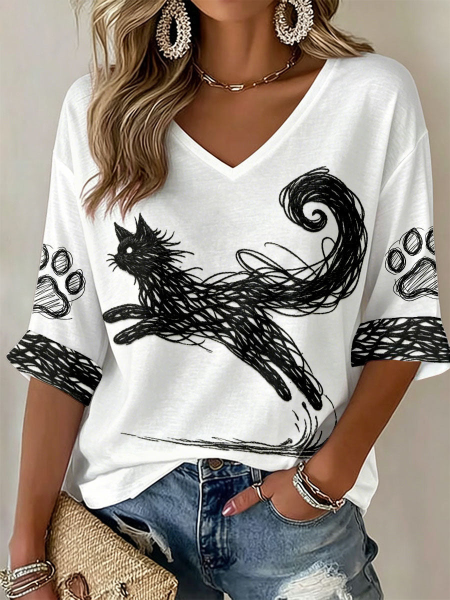 Women's Cat Art Print V-Neck T-Shirts
