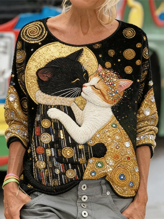 Women's Glitter Black Cat Art Long Sleeve Loose-fitting Sweatshirt