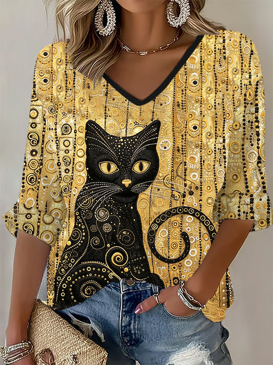 Women's Glitter Black Cat Art  Waffle T-shirt