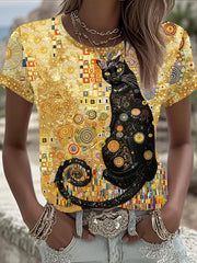 Women's Glitter Black Cat Art Short Sleeve T-shirt