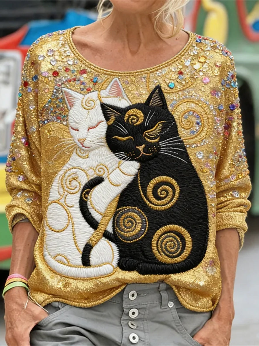 Women's Glitter Black Cat Art Long Sleeve Loose-fitting Sweatshirt