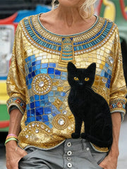 Women's Glitter Black Cat Art Long Sleeve Loose-fitting Sweatshirt