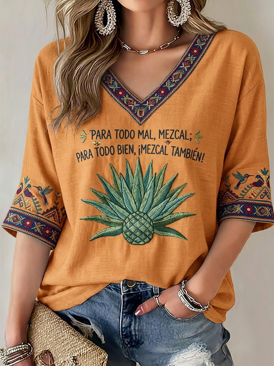 Women's Mezcal Print Mid-length Sleeves V-Neck T-Shirt