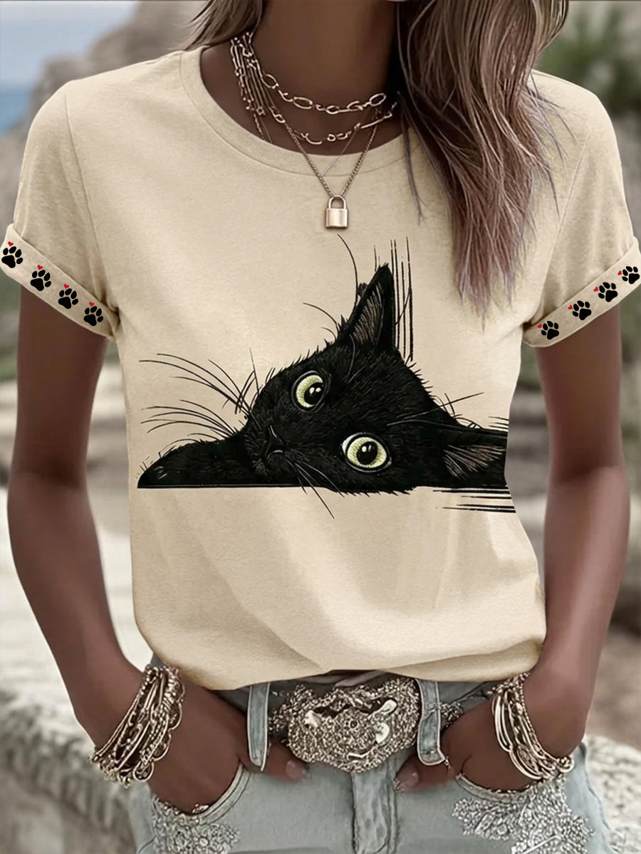Women's Black Cat Art Graphic Casual Short Sleeve T-shirt
