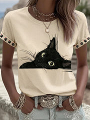 Women's Black Cat Art Graphic Casual Short Sleeve T-shirt