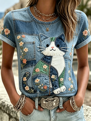 Women's Cat Print short-sleeved T-shirt