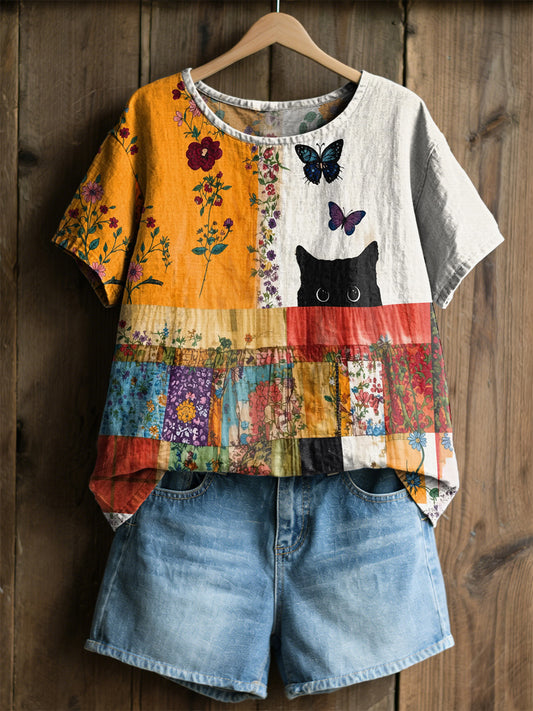 Women's Retro Floral Cats Print Casual Tee