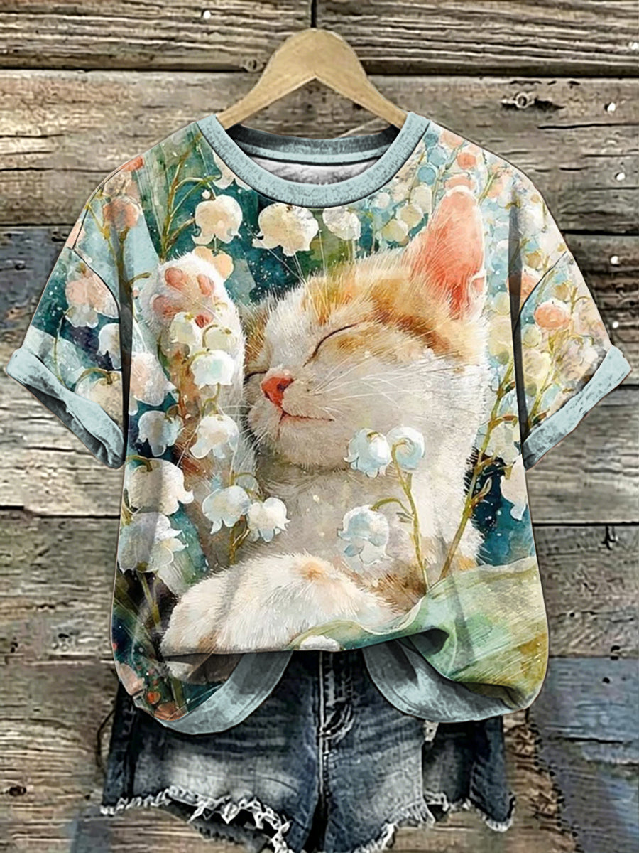 Women's Cat Art Print Short Sleeves T-shirt