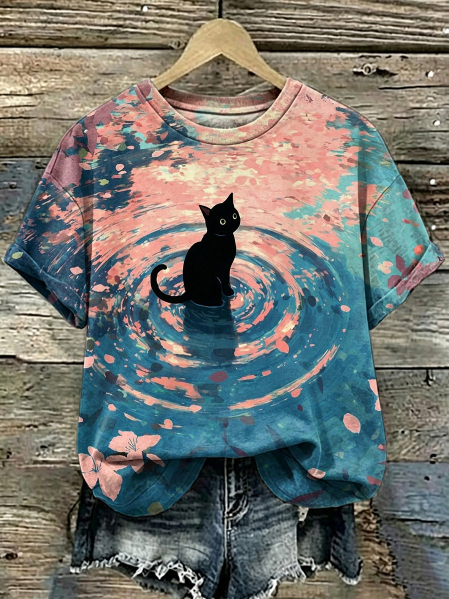Women's Cat Art Print Short Sleeves T-shirt