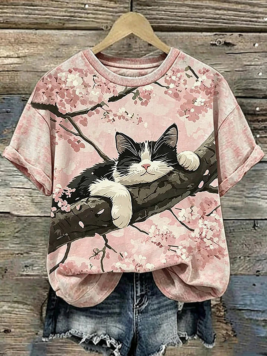 Women's Cat Art Print Short Sleeves T-shirt