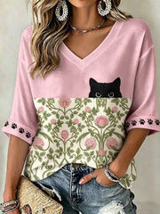 Women's Black Cat With Floral Graphic Casual Mid-length Sleeves V-Neck T-Shirt