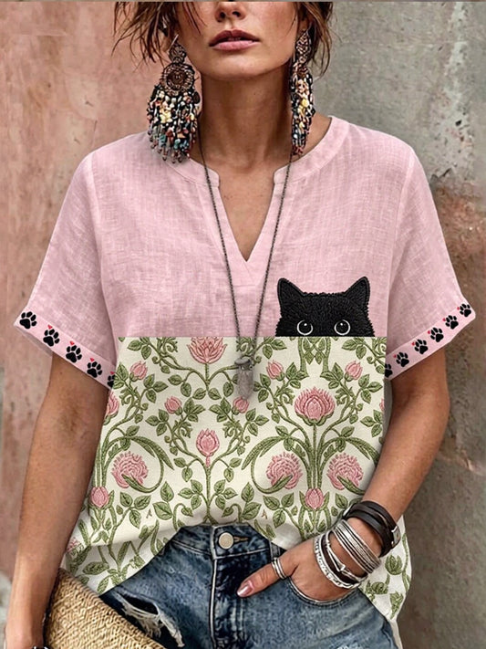 Women's Black Cat With Floral Graphic Casual Short Sleeve Linen Shirt