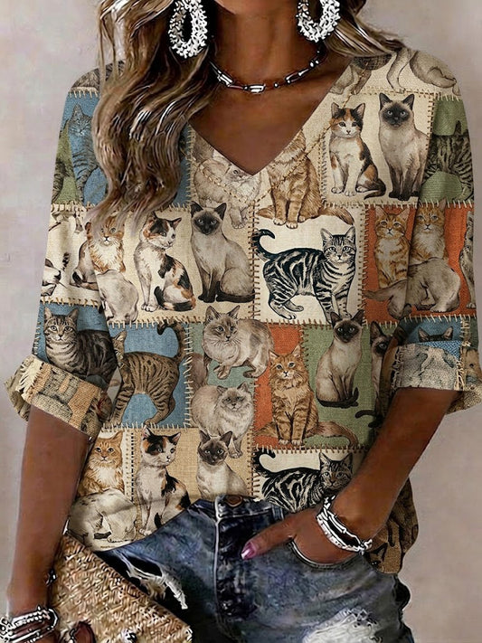 Women's Cat Printed Mid-length Sleeves V-Neck T-Shirt