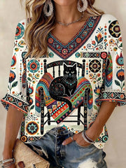 Women's Cat Printed Mid-length Sleeves V-Neck T-Shirt