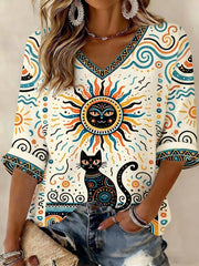 Women's Cat Printed Mid-length Sleeves V-Neck T-Shirt