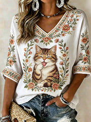Women's Plants And Flowers Cute Cat Print Casual T-shirt